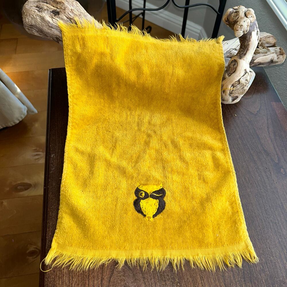 Vintage Yellow Winking OWL embroidered hand towel Martex MCM